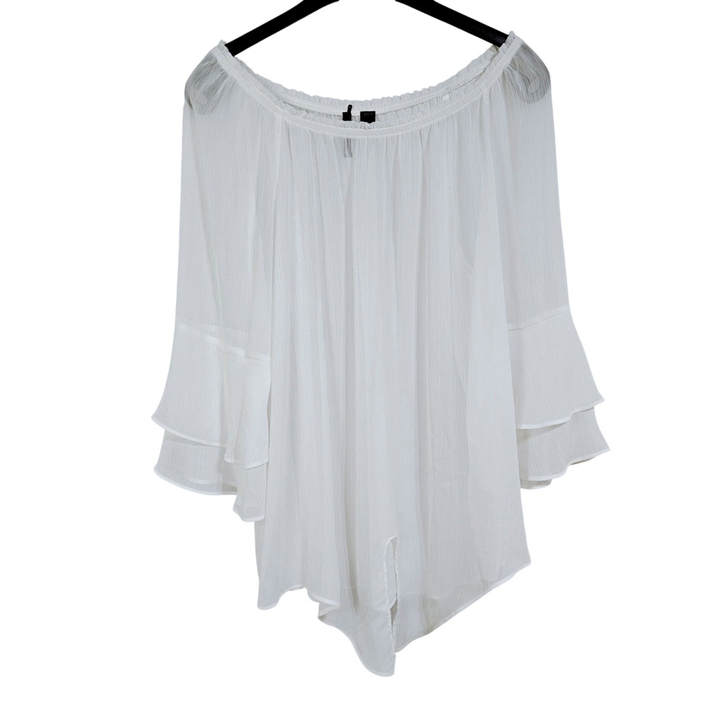 Coastal White Peasant Bell Sleeve Semi-Sheer Blouse L Boho Chiffon Fairycore Top
